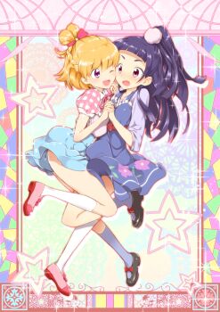 Rule 34 | ;d, asahina mirai, black shoes, blonde hair, blue dress, blue shirt, blue skirt, blue socks, blush, bow, braid, casual, checkered clothes, checkered shirt, cheek-to-cheek, collared shirt, dress, frown, hair bow, heads together, highres, holding hands, interlocked fingers, izayoi liko, leg up, long hair, long sleeves, looking at another, mahou girls precure!, miniskirt, neck ribbon, no panties, one eye closed, one side up, open mouth, pinafore dress, pink shirt, ponytail, precure, print dress, puffy short sleeves, puffy sleeves, purple eyes, purple hair, red bow, red shoes, ribbon, shirt, shoes, short dress, short hair, short sleeves, skirt, sleeveless, sleeveless dress, smile, socks, sparkle, standing, standing on one leg, star (symbol), white socks, yuri, yuto (dialique)