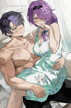 1boy 1girl absurdres aqua_dress averting_eyes bare_arms bare_shoulders biceps black_hair black_hairband black_pants blue_eyes blush breasts butterfly_hair_ornament cleavage collarbone commentary commission couple dress embarrassed english_commentary feet_out_of_frame floral_print floral_print_dress flower grin hair_flower hair_intakes hair_ornament hairband hand_on_another's_leg hand_on_another's_waist hand_up hetero highres indoors large_pectorals lipstick_mark lipstick_mark_on_cheek lipstick_mark_on_chest lipstick_mark_on_neck long_hair looking_at_another low_side_ponytail medium_breasts mole mole_under_eye muscular muscular_male no_nipples original pants park_ongjol pectorals print_dress purple_eyes purple_hair purple_lips raised_inner_eyebrows rory_(frozencore94) short_hair sitting sitting_on_lap sitting_on_person sleeveless sleeveless_dress smile topless_male viola_(frozencore94) watermark