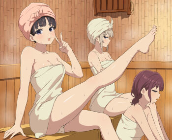 3girls arm_support awa_subaru barefoot black_hair blue_eyes breasts cleavage closed_eyes collarbone commentary_request crossed_arms girls_band_cry hair_up highres hopeful_wharf indoors iseri_nina kawaragi_momoka leg_up looking_at_viewer medium_breasts multiple_girls naked_towel outstretched_leg red_hair sauna sitting smile sweat towel towel_on_head v white_hair