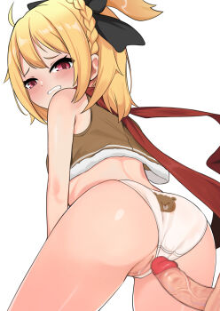 1boy 1girl animal_print ass bear_panties bear_print blonde_hair braid censored clothing_aside commentary_request commission felt_(re:zero) hetero highres loli mosaic_censoring paid_reward_available panties penis pixiv_commission print_panties pussy re:zero_kara_hajimeru_isekai_seikatsu red_eyes scarf surio underwear variant_set white_background white_panties