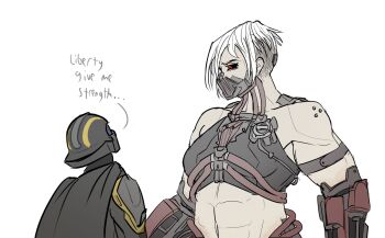 Rule 34 | 1boy, 1girl, abs, asymmetrical hair, automaton (helldivers), black sclera, bulletproof vest, cable, cape, colored sclera, cyborg, cyborg (helldivers), gas mask, height difference, helldiver (helldivers), helldivers (series), helmet, highres, intellectual poultry, mask, mouth mask, muscular, muscular female, prosthesis, prosthetic arm, red eyes, short hair, sidecut, simple background, size difference, tank top, undercut, white background, white hair