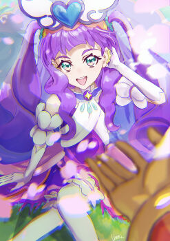 Rule 34 | 1boy, 1girl, absurdres, aqua eyes, artist name, blurry, blurry foreground, brooch, clothing cutout, commentary, cure majesty, cure wing, depth of field, dress, earclip, elbow gloves, ellee-chan, frilled thighhighs, frills, gloves, hair ornament, half-dress, hand in own hair, highres, hirogaru sky! precure, jewelry, long hair, looking at viewer, magical girl, open mouth, orange gloves, pov, pov hands, precure, purple dress, purple hair, short sleeves, shoulder cutout, signature, sitting, sleeveless, sleeveless dress, smile, takahashi hizumi, thighhighs, two side up, very long hair, white gloves, white thighhighs, wing brooch, wing hair ornament, yuunagi tsubasa