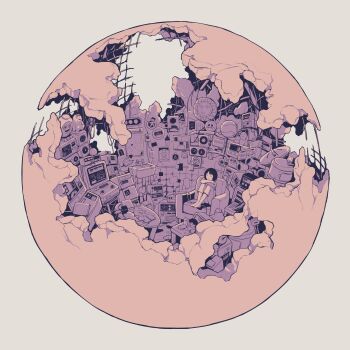 1girl absurdres barefoot black_hair chair closed_eyes closed_mouth crossed_arms doll facing_viewer flat_color hebitsukai highres knees_up original pants rebar short_hair sitting smile solo