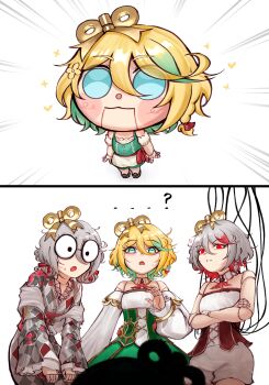 4girls ? absurdres alternate_color ascot barmaid blonde_hair blue_eyes cable cecilia_immergold cecilia_immergold_bot cecilia_immergreen cecilia_immergreen_(1st_costume) cecilia_immergreen_(new_year) colored_inner_hair corset crossed_arms detached_collar doll_joints floral_print floral_print_kimono gradient_hair green_corset green_eyes green_skirt grey_hair grey_kimono hair_between_eyes highres hololive hololive_english japanese_clothes joints kimono multicolored_hair multiple_girls print_kimono red_ascot red_corset red_eyes red_hair romper round_eyewear skirt virtual_youtuber white_background white_romper winding_key zookacchi