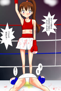 2girls blood boxing boxing_gloves boxing_ring catfight defeat itaka875 multiple_girls peeing peeing_self translation_request