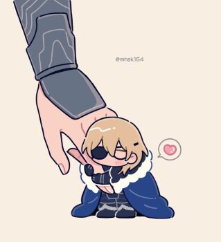Rule 34 | 1boy, 1girl, armor, black armor, blonde hair, blush, boots, breastplate, cape, closed eyes, commentary request, dimitri alexandre blaiddyd, dimitri alexandre blaiddyd (timeskip), double-parted bangs, eyepatch, female byleth (fire emblem), fire emblem, fire emblem: three houses, fur-trimmed cape, fur trim, gauntlets, hair behind ear, heart, hug, male focus, mhsk154, mini person, miniboy, nintendo, one eye covered, out of frame, solo focus, speech bubble, spoken heart, twitter username, white fur