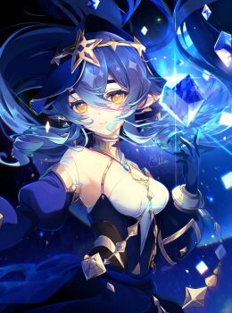 1girl bare_shoulders black_gloves blue_hair blue_hood blue_sleeves breasts circlet crystal detached_sleeves drill_hair drill_sidelocks genshin_impact gloves gold_choker highres hood hood_up hoshiusagi_no_chloe layla_(genshin_impact) long_hair looking_at_viewer medium_breasts pointy_ears sidelocks solo twin_drills upper_body yellow_eyes
