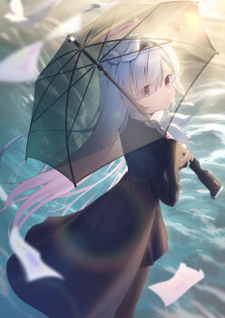 Rule 34 | 1girl, black hairband, blue archive, blurry, braid, commentary request, dian zhi sang, from behind, hair over one eye, hairband, halo, highres, holding, holding umbrella, long hair, looking at viewer, multicolored hair, pink hair, plana (blue archive), red halo, umbrella, white hair