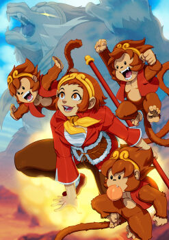 1girl :d absurdres arm_up ascot breasts capcom flying food fruit fur highres holding holding_staff holding_weapon marvel_vs._capcom marvel_vs._capcom_2 monkey monkey_girl monkey_tail mouth_hold open_mouth orange_eyes orange_hair sarashi short_hair smile sonson sonson_(series) staff tail tovio_rogers weapon
