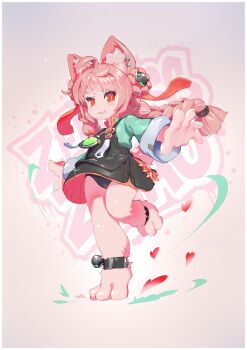 1girl absurdres ahoge animal_ear_fluff animal_ear_piercing animal_ears animal_feet animal_hands ankle_strap barefoot black_panties black_skirt bluesnail braid flat_chest full_body furry furry_female green_shirt hair_ornament highres loli long_hair long_sleeves looking_at_viewer miniskirt open_mouth panties pantyshot pink_fur pink_hair pleated_skirt rabbit_ears rabbit_girl rabbit_tail red_eyes shirt skirt solo sphere_hair_ornament standing standing_on_one_leg tail thick_eyebrows twin_braids underwear variant_set zenless_zone_zero zhao_(zenless_zone_zero)
