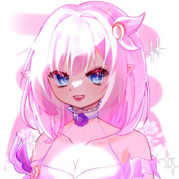 1girl blonde_hair breasts chinese_commentary cleavage collarbone commentary_request dress elf elysia_(honkai_impact) hair_ornament honkai_(series) honkai_impact_3rd large_breasts long_hair looking_at_viewer official_alternate_costume open_mouth pink_hair pointy_ears smile solo upper_body very_long_hair white_dress yingjingxue90662