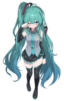 1girl absurdres aqua_hair aqua_necktie aqua_trim bare_shoulders black_boots black_skirt black_sleeves blue_eyes boots collared_shirt detached_sleeves double-parted_bangs from_above full_body gradient_hair grey_shirt hair_between_eyes hatsune_miku headset highres long_hair looking_at_viewer magarikado_(mgrkd) messy_hair miniskirt multicolored_hair necktie one_eye_closed shirt skirt sleeveless sleeveless_shirt thigh_boots tie_clip very_long_hair vocaloid white_background
