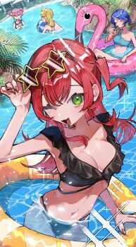 4girls :d ;d adjusting_eyewear ahoge ball beachball bikini black_bikini blonde_hair blue_bikini blue_hair blush bocchi_the_rock! breasts cleavage closed_eyes collarbone cup day drink drinking drinking_glass drinking_straw drinking_straw_in_mouth eyewear_on_head frilled_bikini frills gotoh_hitori green_eyes hair_between_eyes hair_ornament highres holding holding_ball holding_beachball holding_cup ijichi_nijika innertube kita_ikuyo large_breasts long_hair looking_at_viewer medium_breasts multiple_girls navel one_eye_closed one_side_up open_mouth outdoors partially_submerged pink_hair pool red_hair scripco short_hair side_ponytail smile sparkle star-shaped_eyewear star_(symbol) sunglasses swim_ring swimsuit water yamada_ryo