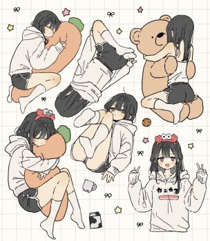 1girl ankle_socks black_hair black_shorts blunt_bangs blush camisole carrot closed_eyes cup dolphin_shorts dot_nose double-parted_bangs double_v expressionless grey_eyes grey_hoodie grid_background hands_up highres hood hoodie hug hugging_object long_hair maple_(abc2215) multiple_views no_shoes open_mouth original shorts sleeves_past_wrists socks solo star_(symbol) stuffed_animal stuffed_carrot stuffed_toy teddy_bear thighs v white_background white_socks