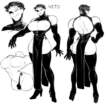 1boy ambush_(trap) ass back back_cutout bara bare_pectorals boots breasts bulge character_name cleavage_cutout closed_eyes clothing_cutout curvy dizzyspells from_behind full_body gloves hand_on_own_hip high_heel_boots high_heels highres huge_ass huge_breasts male_breasts male_focus male_with_breasts multiple_views nipples original pectorals pelvic_curtain penis puffy_male_chest shaded_face short_hair small_penis smile smug thick_thighs thigh_boots thighs thong veto_(cibastion)