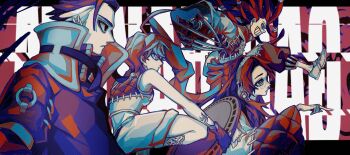 2boys 2girls ahoge androgynous black_hair capri_pants claw_(weapon) claws cthoni_andor dreadlocks expressionless fake_claws freckles from_side frown gachiakuta grin headphones high_collar highres huge_ahoge jabber_wonger leg_up limited_palette long_claws long_hair long_sleeves manhole_cover momoa_rukel multicolored_hair multiple_boys multiple_girls opposing_sides pants parody patchwork_clothes pointing profile serious short_hair smile stitches style_parody tom_tom_000 two-tone_hair urana_kei_(style) weapon white_hair wide_sleeves zodyl_typhon