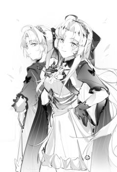 2girls absurdres ahoge bow breasts carlotta_(wuthering_waves) chinese_commentary closed_mouth coloki commentary_request cracked_skin dress dual_persona gloves greyscale hair_bow hairband hand_on_own_chest hand_on_own_hip highres jacket long_hair looking_at_viewer medium_breasts monochrome multiple_girls parted_bangs smile wuthering_waves