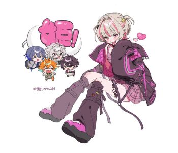 1girl 4boys artist_request character_request chibi coat makaino_ririmu multiple_boys nijisanji pointy_ears sleeves_past_fingers sleeves_past_wrists virtual_youtuber white_background