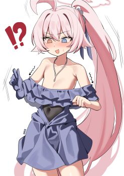 !? 1girl @_@ absurdres ahoge bare_shoulders blue_archive blue_dress blue_eyes blue_gloves commentary_request dress flat_chest gloves halo heterochromia highres hoshino_(blue_archive) hoshino_(dress)_(blue_archive) korean_commentary loli long_hair official_alternate_costume open_mouth pink_hair rirua_(kjom802) simple_background single_glove solo standing very_long_hair wardrobe_malfunction white_background white_halo yellow_eyes
