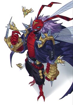 Rule 34 | 1boy, arm blade, banchostingmon, black coat, black pants, blue eyes, bug, coat, confeito000 333, digimon, digimon (creature), full body, grey hair, highres, male focus, medium hair, pants, solo, spikes, weapon