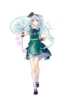 1girl absurdres akanehagi black_bow black_bowtie black_hairband bloomers blue_eyes bow bowtie bug butterfly collared_shirt commentary english_commentary full_body green_skirt green_vest grey_hair hairband highres hitodama hitodama_print holding holding_sword holding_weapon insect katana konpaku_youmu konpaku_youmu_(ghost) looking_at_viewer mary_janes pink_butterfly purple_shoes sheath sheathed shirt shoes signature simple_background skirt skirt_set socks solo sword touhou underwear vest weapon white_background white_bloomers white_shirt white_socks