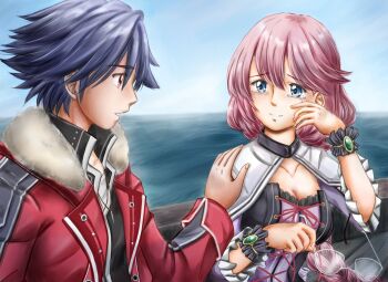 Rule 34 | 1boy, 1girl, black hair, blue eyes, braid, braided ponytail, coat, comforting, commentary request, couple, eiyuu densetsu, emma millstein, hand on another's shoulder, jewelry, looking at another, no eyewear, pink hair, rean schwarzer, sen no kiseki (series), simple background, tearing up, you george24