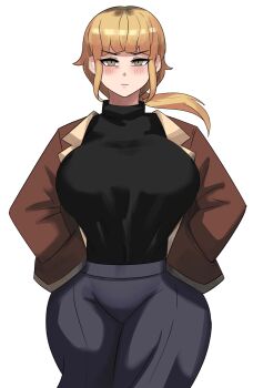 1girl black_shirt blonde_hair blue_skirt blush bomber_jacket breasts brown_jacket cowboy_shot fear_&amp;_hunger fear_&amp;_hunger_2:_termina hands_in_pockets highres huge_breasts jacket karin_(fear_&amp;_hunger) large_breasts looking_at_viewer ponytail shirt simple_background skirt solo standing turtleneck white_background yellow_eyes ytrall