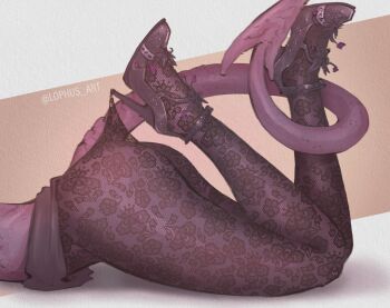 1girl ass black_shoes brown_pantyhose demon_tail dungeons_&amp;_dragons feet_up from_side high_heels highres hooked_on_heel lace_pantyhose lace_pantyhose_hooked_on_heel_(meme) lophus_art_(solene) lying meme on_stomach pantyhose shoes solo tail tiefling white_background