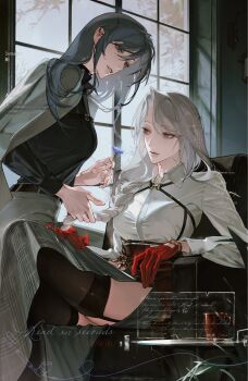 Rule 34 | 2girls, belt, black shirt, black thighhighs, braid, braided ponytail, chief (path to nowhere), coat, coat on shoulders, collared shirt, commentary request, crossed legs, female chief (path to nowhere), garter straps, gloves, hair over shoulder, highres, hilda (path to nowhere), iamthekingofegg, indoors, long sleeves, multiple girls, pants, path to nowhere, red gloves, shirt, single braid, sitting, smile, standing, thighhighs, window