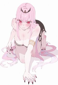 1girl armlet bare_shoulders barefoot black_nails black_tiara blush breasts cleavage dress feet highres hololive hololive_english jewelry kamiya_maneki large_breasts long_hair looking_at_viewer mori_calliope nail_polish pink_eyes pink_hair red_eyes signature simple_background solo tiara toes torn_clothes torn_dress twitter_username very_long_hair virtual_youtuber white_background