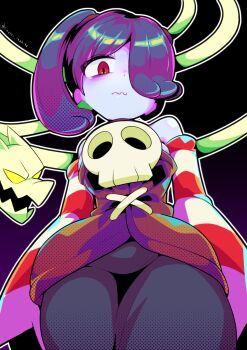 1girl absurdres bare_shoulders black_background black_skirt blue_hair blue_skin bone closed_mouth colored_skin commentary detached_sleeves dress gradient_background hair_over_one_eye halftone highres kanpei_kankitu leviathan_(skullgirls) long_skirt looking_at_viewer looking_down medium_hair object_through_head purple_background red_dress red_eyes red_sleeves screentones side_ponytail simple_background skirt skull skullgirls sleeves_past_fingers sleeves_past_wrists solo squigly_(skullgirls) stitched_mouth stitches striped_sleeves twitter_username white_sleeves wide_hips yellow_eyes zombie