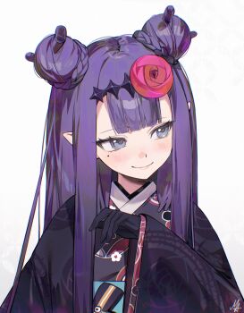 1girl absurdres ani_019 black_gloves black_kimono center-flap_bangs closed_mouth commentary double_bun english_commentary gloves hair_bun hand_up highres hololive hololive_english japanese_clothes kimono light_blush long_hair long_sleeves looking_to_the_side mole mole_under_eye ninomae_ina'nis ninomae_ina'nis_(new_year) purple_eyes purple_hair purple_kimono simple_background smile solo upper_body virtual_youtuber white_background wide_sleeves