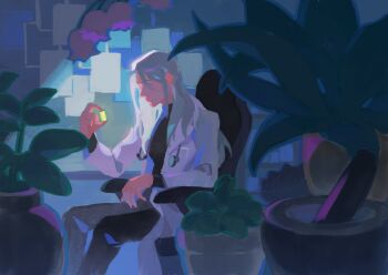 Rule 34 | 1girl, black shirt, chair, coat, elbow rest, faceless, feet out of frame, flower, glowing, highres, indoors, lee seolhwa, lily of the valley, long hair, nemomosso, office chair, omniscient reader's viewpoint, plant, potted plant, shirt, sitting, solo, stethoscope around neck, swivel chair, white coat, white hair