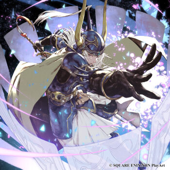 1boy absurdres armor cape company_name copyright_notice dissidia_duellum_final_fantasy dissidia_final_fantasy fake_horns final_fantasy final_fantasy_i floating floating_object helmet highres holding holding_sword holding_weapon horned_helmet horns kazama_raita looking_at_viewer official_art outstretched_arm shield solo sword waist_cape warrior_of_light_(ff1) weapon white_hair yellow_cape