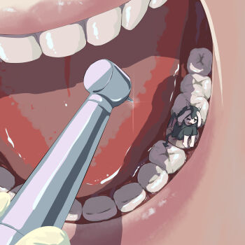 1boy 2others absurdres avogado6 black_hair close-up demon_boy demon_horns demon_tail demon_wings dental_drill gloves highres horns lips mini_person miniboy mouth_focus multiple_others one_eye_closed original scared tail tears teeth tongue wings