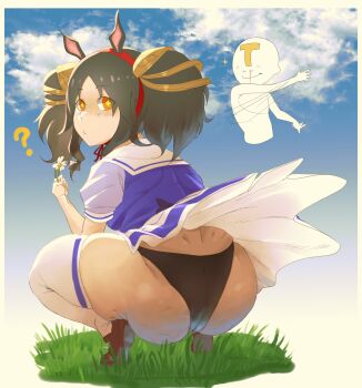 ass black_hair black_panties cellulite flower huge_ass kyokeer marvelous_sunday_(umamusume) panties squatting twintails umamusume underwear