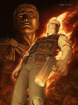 2025 2boys absurdres ammunition_pouch armor bandages banner belt black_eyes blue_eyes bull bulletproof_vest burning caesar's_legion caesar_(fallout) cape deimos_art denim fallout fallout:_new_vegas gun handgun helmet highres jeans joshua_graham m1911 multiple_boys pants plume pouch shirt signature sleeves_rolled_up statue torn_clothes torn_pants vest weapon