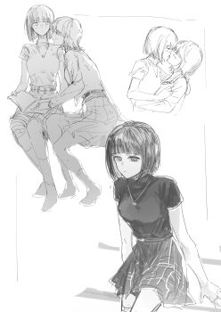 2girls absurdres amakura_mayu amakura_mio arms_at_sides bandaged_leg bandages bob_cut book book_on_lap breasts closed_eyes closed_mouth clothes_grab commentary cowboy_shot cropped_legs face-to-face facing_another fatal_frame fatal_frame_ii:_crimson_butterfly french_kiss full_body grabbing_another's_sleeve greyscale hand_on_book head_on_another's_shoulder highres holding holding_book incest jewelry kirinorui kiss leaning_forward looking_at_another looking_at_viewer medium_breasts miniskirt monochrome multiple_girls multiple_views necklace no_shoes open_book open_clothes open_shirt parted_lips pendant plaid_clothes plaid_skirt pleated_skirt raised_eyebrows shirt shirt_tucked_in short_hair short_sleeves siblings simple_background sisters sitting sketch skirt smile socks twincest twins upper_body white_background yuri