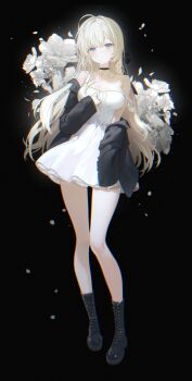 1girl absurdres ahoge black_background black_boots black_choker black_jacket blonde_hair blue_eyes blush boots braid breasts choker cleavage closed_mouth commentary_request dress falling_petals full_body fymrie highres jacket lace-up_boots large_breasts long_hair off_shoulder open_clothes open_jacket original petals single_braid smile solo strap_slip white_dress