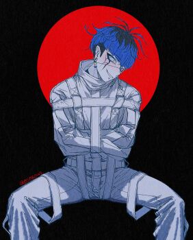 1boy absurdres black_background black_hair blue_hair bound bound_arms earrings evil_grin evil_smile eye_print eyepatch face_piercing facial_mark grey_eyes grin head_tilt highres invisible_chair jewelry keiichi_fujimaru_(bszzowl) labret_piercing looking_at_viewer male_focus multicolored_hair omokage_yugamu piercing print_eyepatch red_background ringed_eyes short_hair sitting smile solo straitjacket the_hundred_line_-last_defense_academy- twitter_username two-tone_background