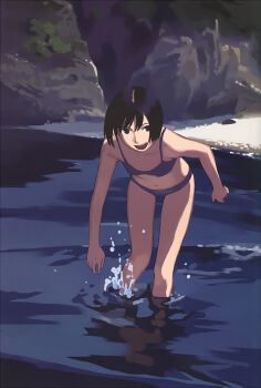 1girl :d bare_shoulders beach bent_over bikini black_eyes black_hair blue_bikini female_focus highres looking_at_viewer navel open_mouth original short_hair smile solo swimsuit takamichi wading