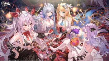4girls ahoge alternate_costume argus_(azur_lane) azur_lane bikini black_bikini black_bow black_dress black_ribbon blonde_hair blue_eyes book bow breasts candle candy centaur_(azur_lane) cleavage clock coffin commentary crown cup dress drinking_glass english_commentary eyeball food green_eyes hair_ribbon halloween halloween_costume hands_on_own_hips highres jewelry long_hair looking_at_another multiple_girls necklace official_art okuma_mai open_book open_mouth pantyhose petals pointy_ears pumpkin purple_eyes purple_hair red_bow red_eyes ribbon rose_petals second-party_source shoes sitting smile swimsuit unicorn_(azur_lane) vampire_(azur_lane) white_pantyhose white_shoes