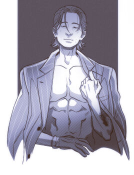 Rule 34 | 1boy, arm tattoo, bare pectorals, bat tattoo, commentary, gloves, highres, jacket, jacket on shoulders, male focus, monochrome, pectorals, pinstripe jacket, pinstripe pattern, prosthesis, prosthetic arm, ryuu ga gotoku (series), ryuu ga gotoku 0, single glove, solo, symbol-only commentary, tachibana tetsu, tattoo, teppn (gattobamboom), upper body