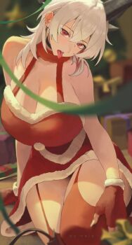 1girl alternate_breast_size_(larger) alternate_costume alternate_design arm_support artist_name bare_shoulders black_choker black_horns black_tail breasts choker cleavage commentary_request curled_horns demon_tail dress earrings fingerless_gloves fingernails fur-trimmed_dress fur_trim gloves grey_hair hair_between_eyes highres horns huge_breasts jewelry key_earrings long_fingernails long_hair looking_at_viewer neid_art red_dress red_eyes red_gloves red_thighhighs sharp_fingernails solo squatting tacet_mark_(wuthering_waves) tail thighhighs thighs tongue tongue_out wuthering_waves zani_(wuthering_waves)