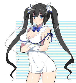 1girl :t arm_ribbon black_hair blue_eyes blue_ribbon breasts cleavage cleavage_cutout clothing_cutout commentary_request covered_navel cowboy_shot crossed_arms dress dungeon_ni_deai_wo_motomeru_no_wa_machigatteiru_darou_ka gloves hestia_(danmachi) long_hair looking_at_viewer pout rei_no_himo ribbon roxq simple_background solo striped_background twintails white_dress white_gloves