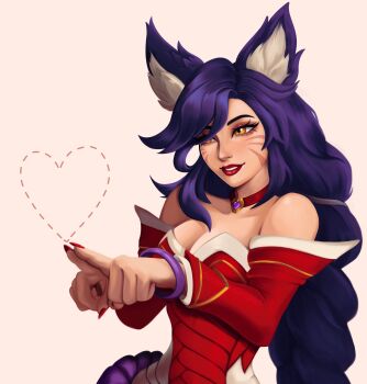 1girl 2xko ahri_(league_of_legends) animal_ears bare_shoulders bracelet breasts commentary detached_sleeves dress english_commentary facial_mark fingernails fox_ears fox_girl heart highres jewelry large_breasts league_of_legends long_fingernails long_hair low-tied_long_hair misseslimitless necklace purple_hair red_dress red_nails simple_background solo upper_body whisker_markings white_background yellow_eyes