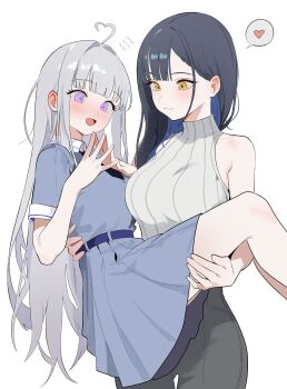 2girls :d ahoge ayatsuno_yuni bare_arms bare_shoulders belt black_hair black_necktie black_pants blue_belt blue_dress blue_hair blush carrying closed_mouth collared_dress colored_inner_hair commentary_request cowboy_shot cross-shaped_pupils dress feet_out_of_frame gangzi_(vtuber) grey_hair grey_sweater heart heart_ahoge highres korean_commentary long_hair long_sidelocks looking_at_another multicolored_hair multiple_girls nbee_ya necktie open_mouth pants princess_carry purple_eyes short_dress short_sleeves sidelocks sleeveless sleeveless_sweater smile speech_bubble standing stellive sweater symbol-shaped_pupils thought_bubble two-tone_hair yellow_eyes