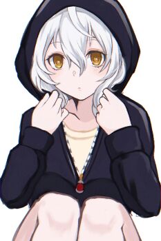 1girl arms_up black_hoodie bright_pupils code_vein cropped_legs hood hoodie io_(code_vein) looking_at_viewer mrln short_hair sitting solo white_hair white_pupils yellow_eyes zipper_pull_tab