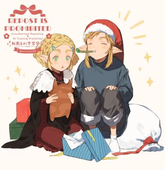 1boy 1girl black_pants blue_sweater box braid capelet christmas christmas_present closed_eyes commentary crown_braid dress full_body gift gift_box green_eyes haiirowolf28 hair_ornament hairclip hat highres instrument kazoo kneeling korok link medium_hair nintendo pants pants_rolled_up parted_bangs parted_lips pointy_ears princess_zelda red_dress sack santa_hat short_hair sidelocks socks squatting sweater symbol-only_commentary the_legend_of_zelda the_legend_of_zelda:_breath_of_the_wild white_capelet white_socks