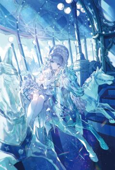 1girl absurdres blue_eyes blue_nails blunt_bangs bonnet carousel crinoline day dress frilled_bonnet frills fuzichoco highres holding holding_pocket_watch juliet_sleeves lens_flare light_rays liver_city lolita_fashion long_hair long_sleeves looking_at_viewer original outdoors pale_skin pantyhose pocket_watch puffy_sleeves sitting solo sunbeam sunlight watch wavy_hair white_dress white_hair white_pantyhose